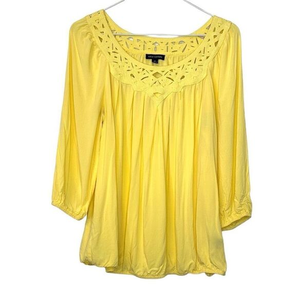 Max Edition Womens Blouse Top 3/4 Sleeve Crochet Neckline Yellow Size Medium - Picture 1 of 5